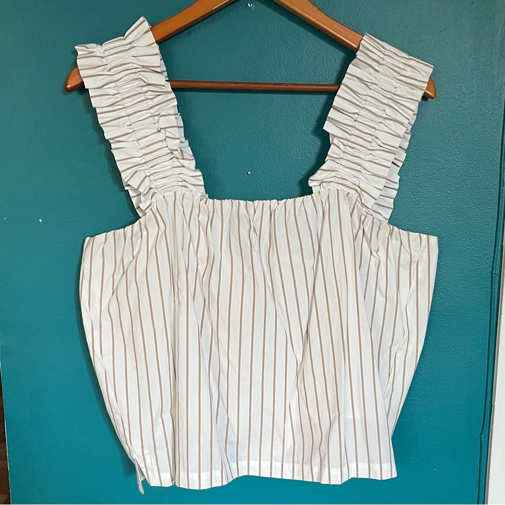 NWT! The Frame Ruffled Tank Top in Striped Tan & White, Size L